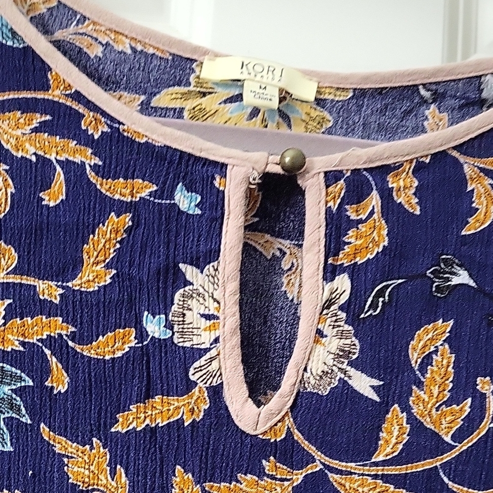 Kori America Blue Floral Rayon Blouse Lace Cuff Long Sleeve Medium - Picture 2 of 8